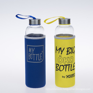 botella de bebida de vidrio de venta caliente con pajita y cubierta de plástico